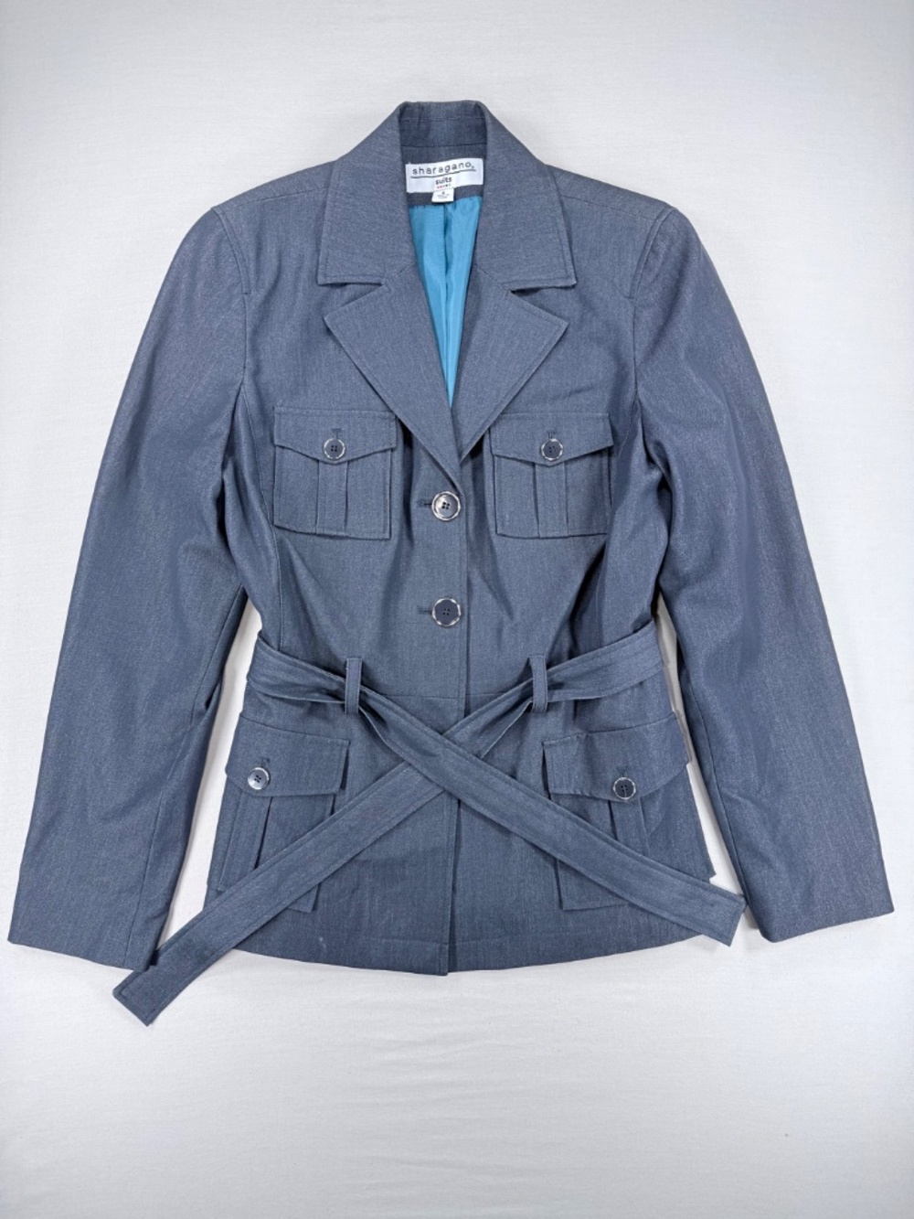 Sharagano Suits Grey Belted Safari Utility Jacket Blazer Size 8 - Picture 2 of 5